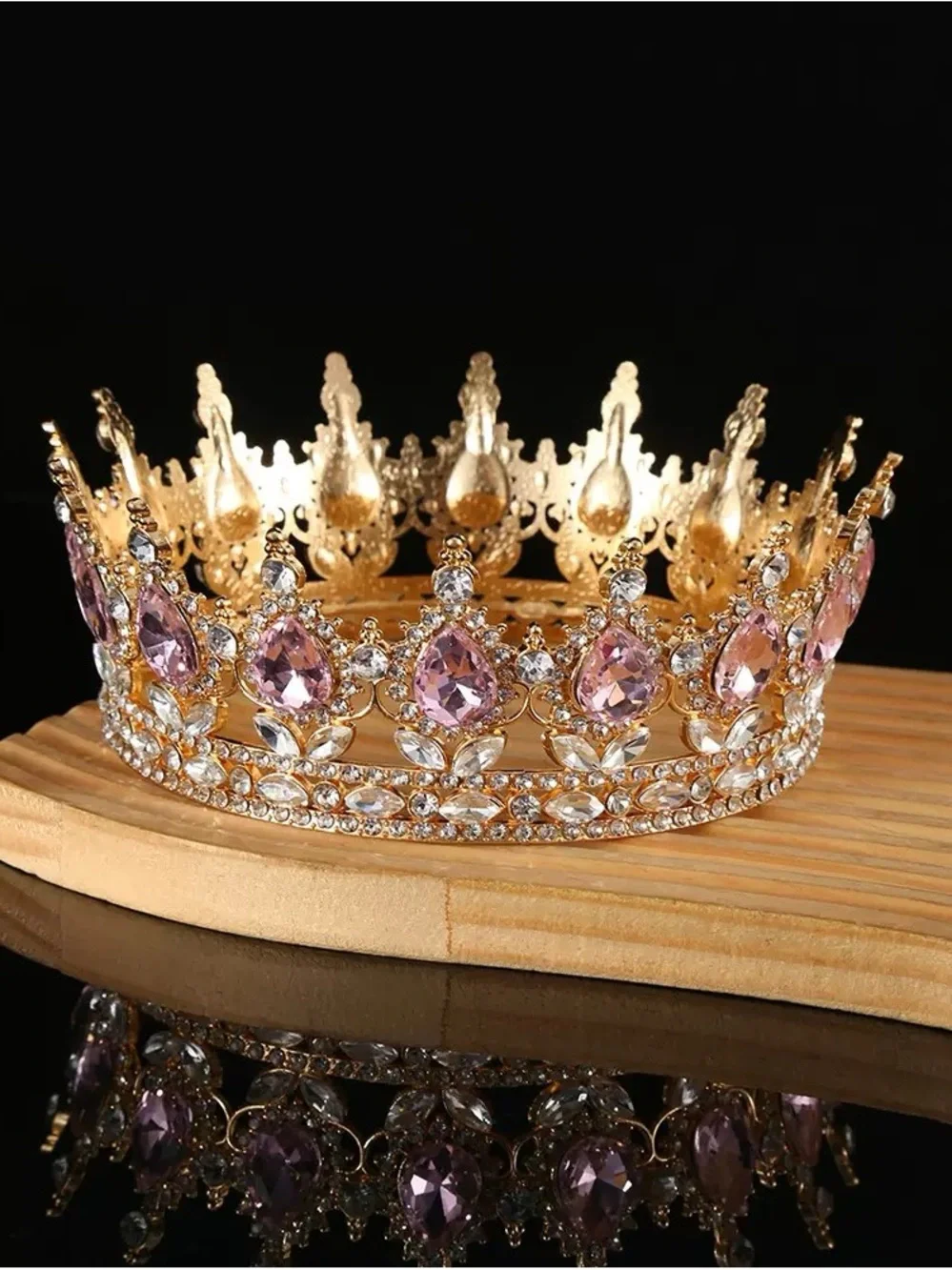 Gold Tiara with Pink Teardrop Crystals - Women's Hair Accessory